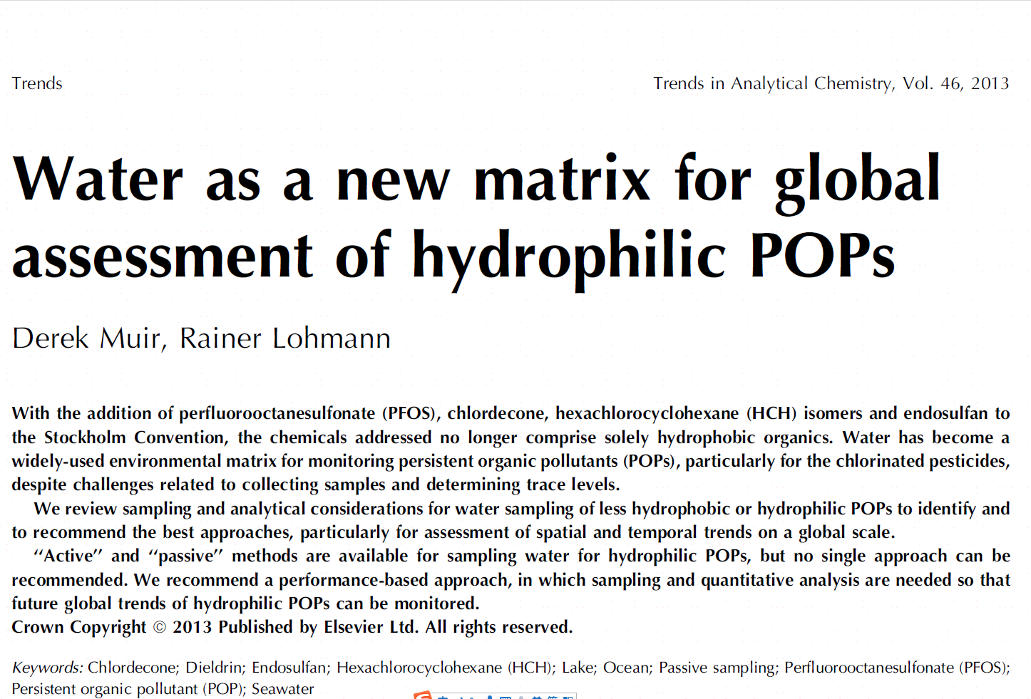 Water as a new matrix for global assessment of hydrophilic POPs